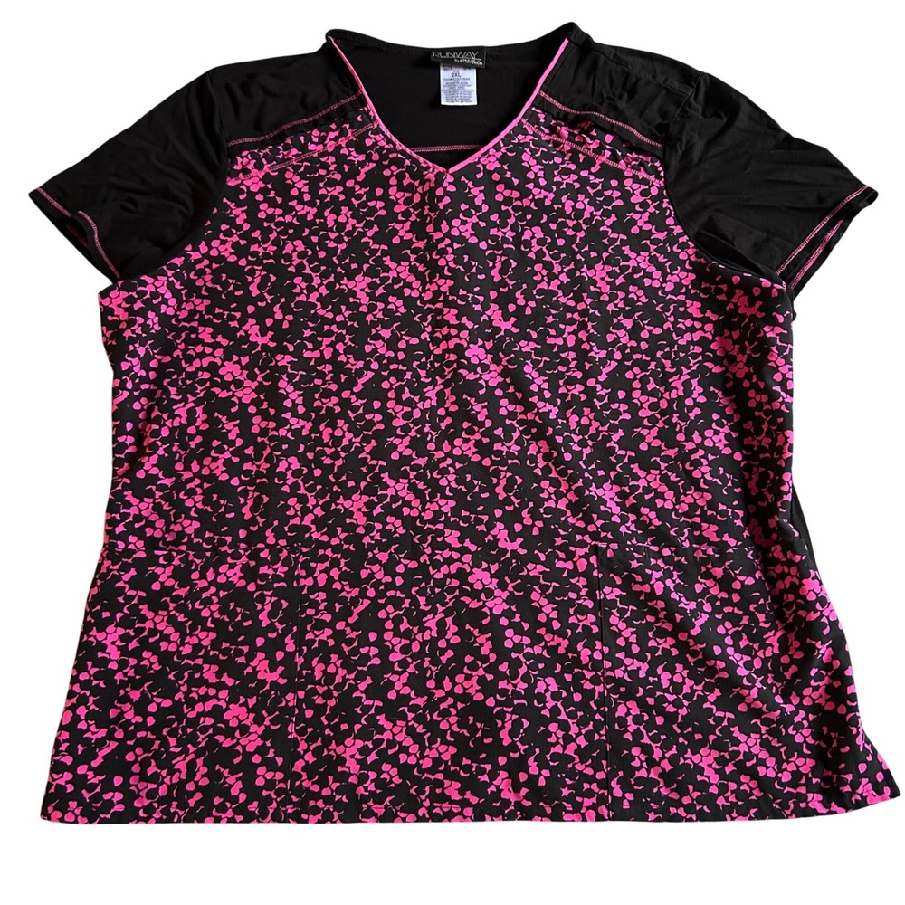 Runway By Cherokee Scrub Top Womens Size 2XL Pink Black Work Shirt Stretchy